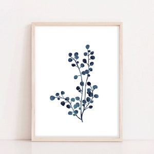 Pittura ad acquerello Mimosa pressata, opera d'arte floreale, moderna, originale, silhouette, arte blu navy, stampa botanica con bordo intonso