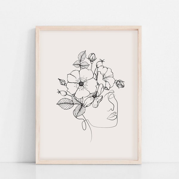 Woman Line Drawing, Head Of Flowers Art Print,  One Line Art, One Line Drawing, Abstract Line Art, One Line Print, Single Line Art