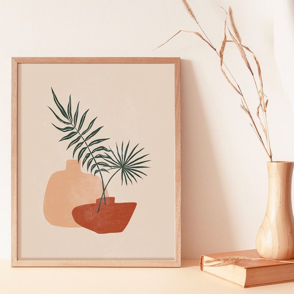 Abstract Pottery Wall Print | Minimalist Plant Art | Tropical Art Palm Leaf Vase Art Print | Terracotta Pot Wall Art | Clay Pottery Poster