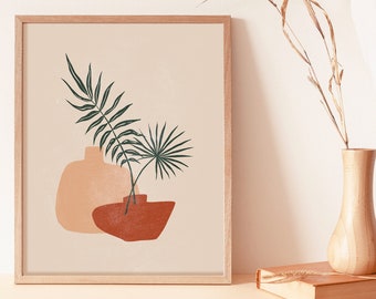 Abstract Pottery Wall Print | Minimalist Plant Art | Tropical Art Palm Leaf Vase Art Print | Terracotta Pot Wall Art | Clay Pottery Poster