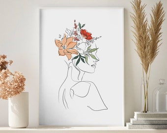 Boho Head Of Flowers Art Print, Minimal Line Drawing Woman, Line Art Woman With Flowers, Flower Woman Line Art, Woman With Flowers Wall Art