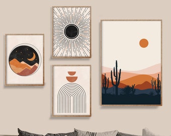 Mid century Modern Art Set of 4 Prints, Printable Geometric Art, Boho Art, Abstract Art Set, Rainbow, Shapes, Terracotta and Black Print