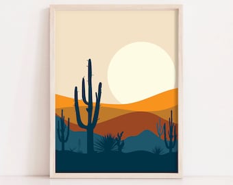 Desert Print Landscape Art Southwestern Decor Blue Orange Sun Abstract Wall Art Printable Modern Poster Digital Download