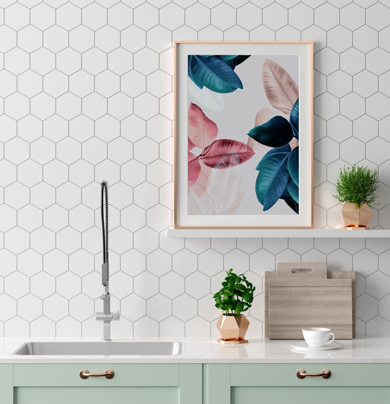 Tropical Leaf Print Ficus Elastica Plant Digital Download Leaves Wall Art Botanical print Modern Botanical Pink and Blue Wall Art