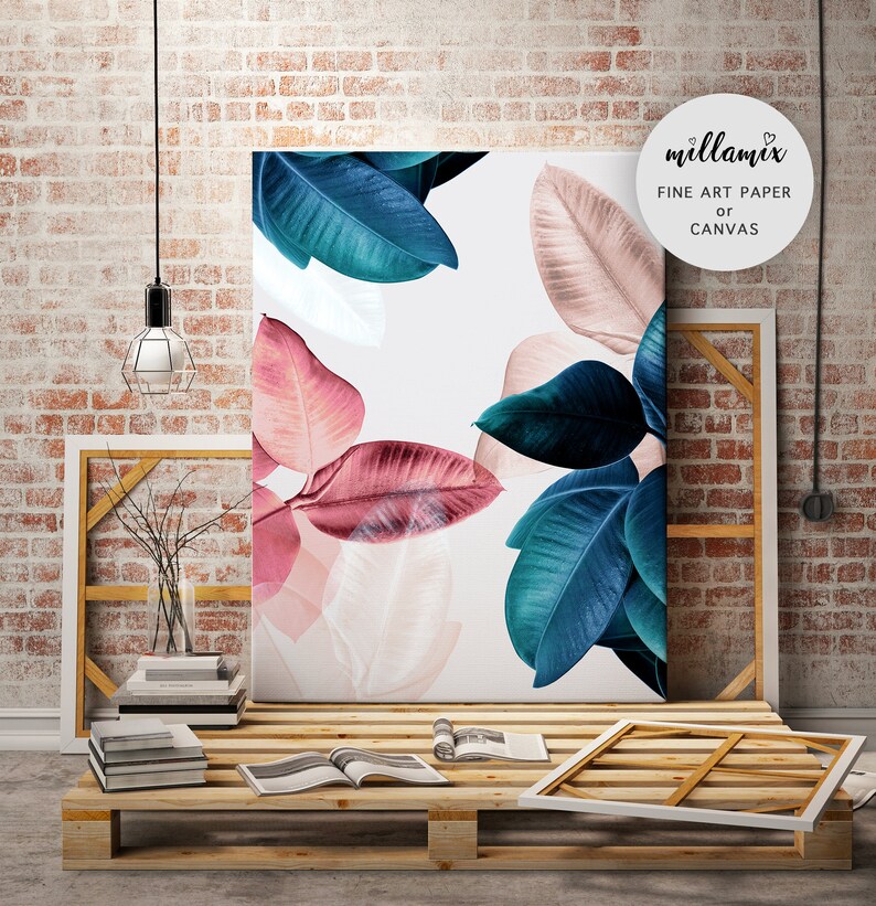 Tropical Leaf Print Ficus Elastica Plant Digital Download Leaves Wall Art Botanical print Modern Botanical Pink and Blue Wall Art
