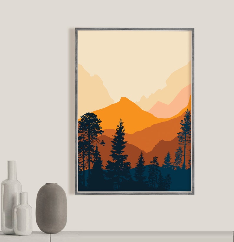 Mid century modern art print set of 3 landscape, Sun mountain Art print nature modern decor set of 3 prints scandinavian wall art, printable image 4