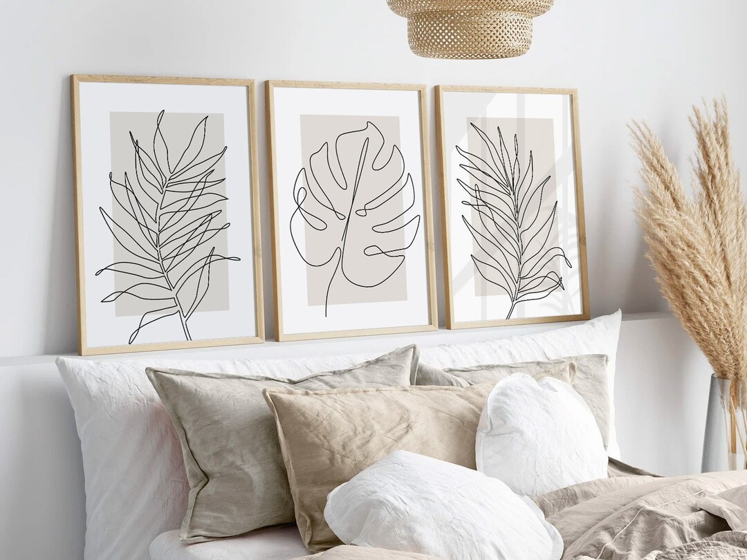 Botanical Line Art, Neutral Wall Art Prints, Set of 3 Beige Plant ...