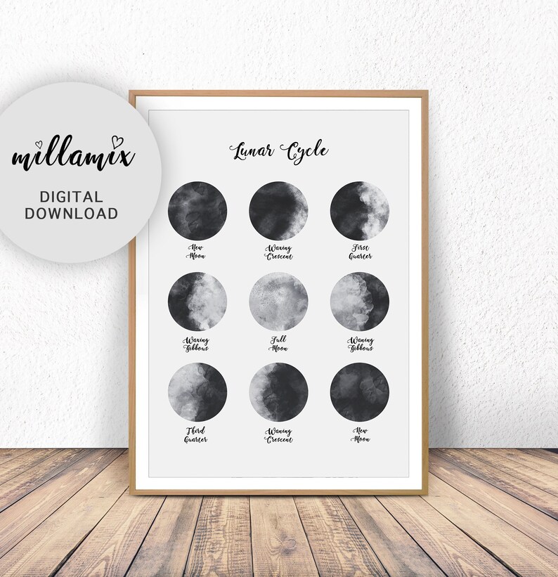Black & White Moon Wall Art Moon Phases Print Lunar Phase Etsy