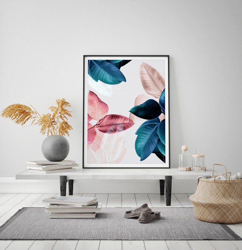 Tropical Leaf Print Ficus Elastica Plant Digital Download Leaves Wall Art Botanical print Modern Botanical Pink and Blue Wall Art