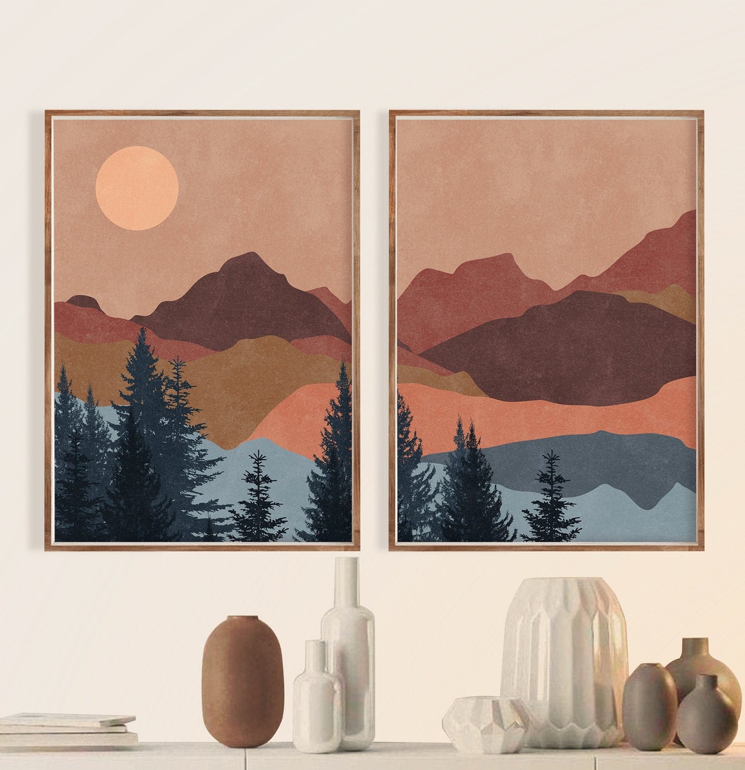 Terracotta Sun Mountain Wall Art Print Set of 2 Mid - Etsy Canada