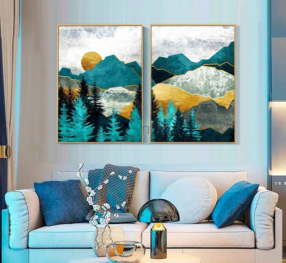 Set of 2 Wall Art Abstract Paintings Gold Mountain Sun Forest Navy