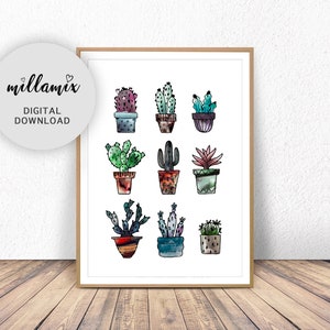Tiny Collection, Kaktusdruck Aquarell abstrakte Pflanzen Malerei, bunte abstrakte Kunst, Natur abstraktes Poster, abstrakte Blumen botanisch