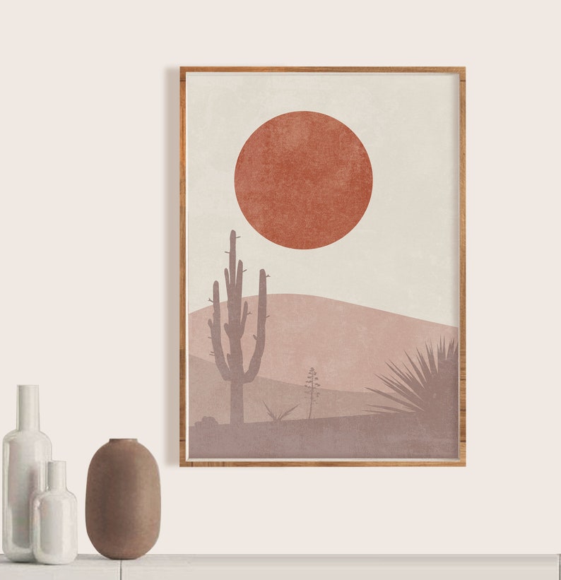 Sun Moon Boho Art, Mid Century Abstract Art Cactus Minimalist Wall Art Set of 2 Sun And Moon Wall Art Boho Wall Art Digital Modern Art Print image 2