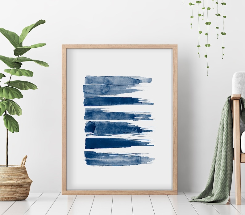 Abstract Painting Navy Blue Watercolor Wall Art Print Brush Etsy