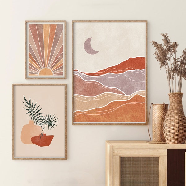 Boho Art Set of 3 Prints | Boho Wall Art | Abstract Landscape Poster Bundle | Line Art Gallery Wall | Rust Print Set | Horizon Sun Print Set