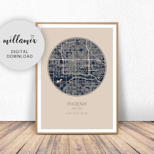 Phoenix Landkarte print | Skandinavisches Poster | Stadt Karten Kunstwerk | Arizona Geschenke | Karte Dekorationen