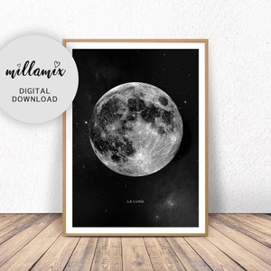 MOON PRINT, Moon Art, Moon Poster, Printable Wall Art, Night Sky, La Luna Print, Black White Wall Art, Rustic Home Decor Instant Download