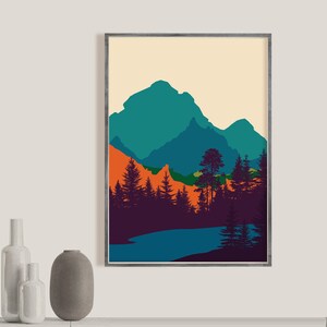 Mid century modern art print set of 3 landscape, Sun mountain Art print nature modern decor set of 3 prints scandinavian wall art, printable image 2