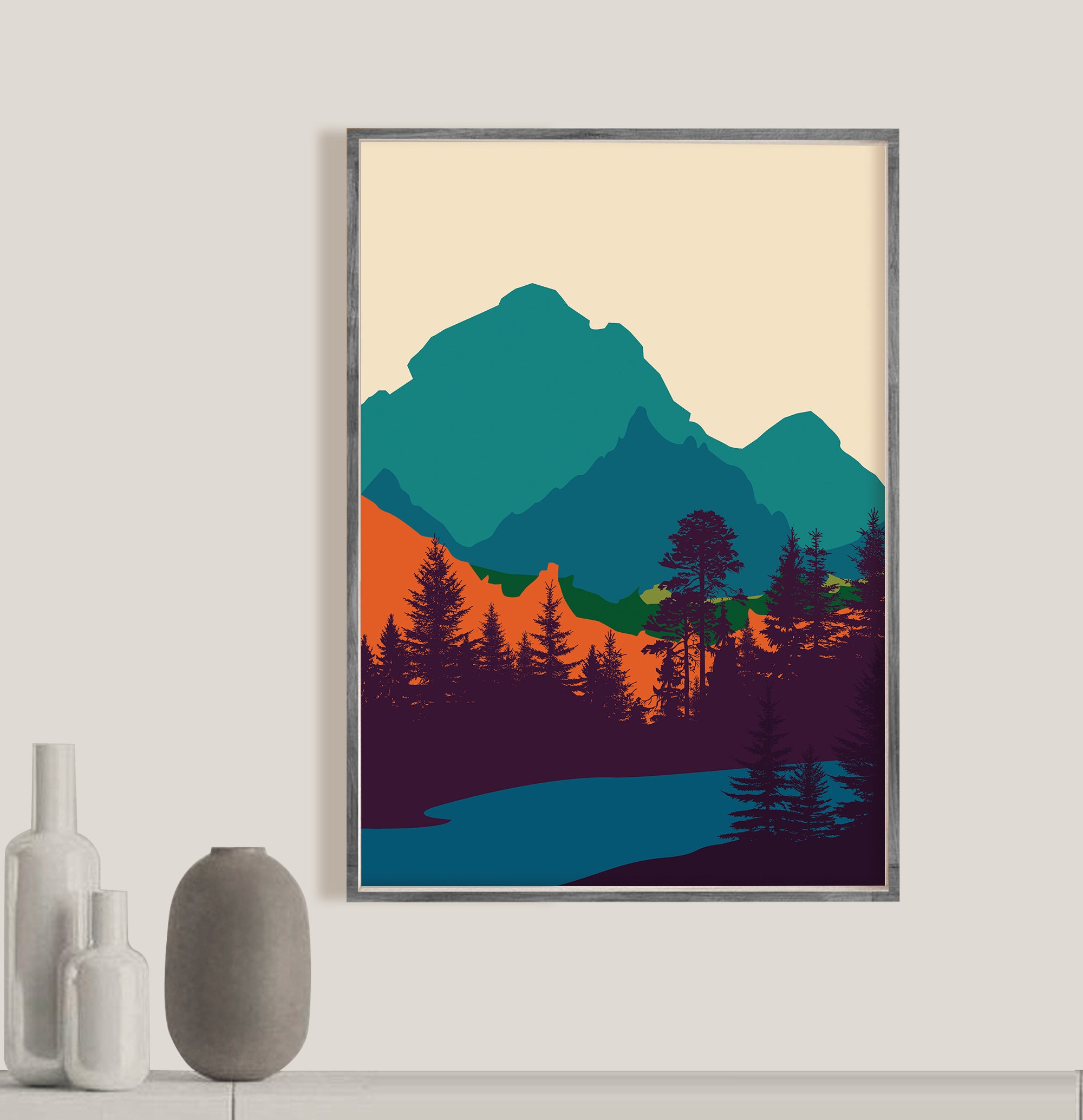 Tinonedraw Boho Mountain Framed Canvas Wall Art Set, Mid Century Modern Geometric Line Wall Decor, Bohemian Sun And Moon Art Paintings