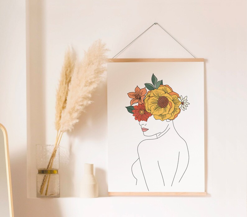 Head of Flowers Art Print Modern Wall Art Woman With Flower Etsy