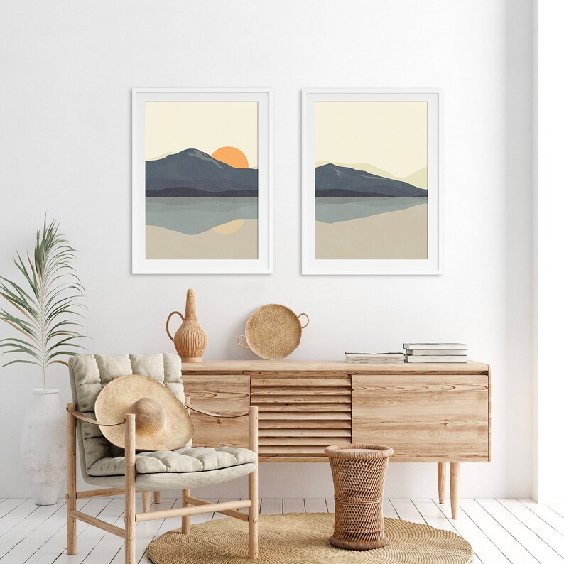 Abstract Mountain Wall Art Set of 2 Prints Mid Century Modern Etsy
