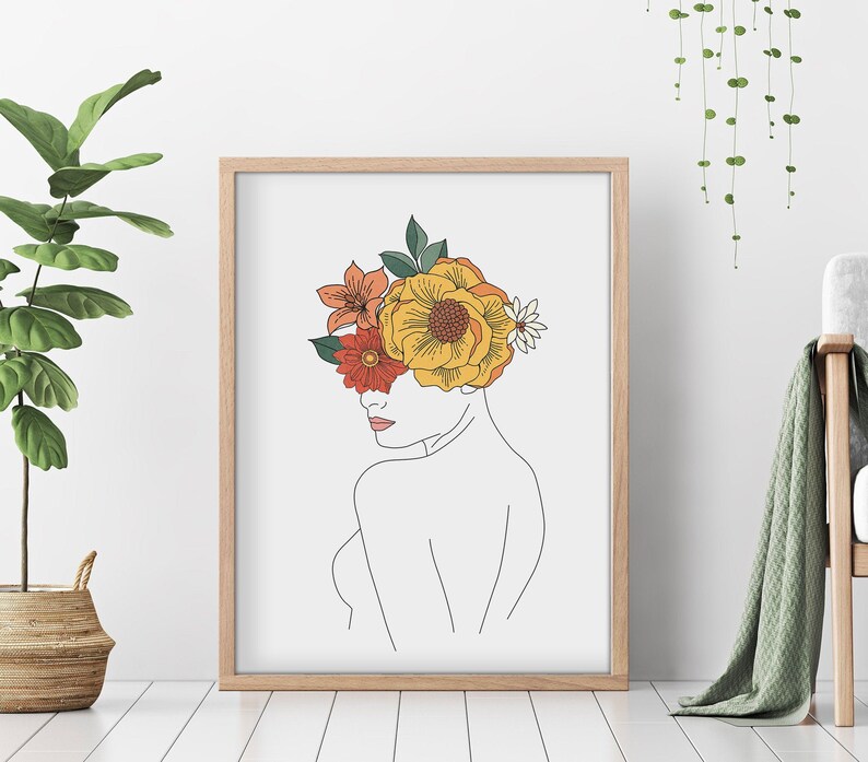 Head of Flowers Art Print Modern Wall Art Woman With Flower Etsy