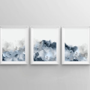 Set of 3 Blue Gray Wall Art, Printable Abstract Art, Blue Grey Watercolor Print, Blue Watercolor, Neutral Art, Simple, Modern 3 Piece Art