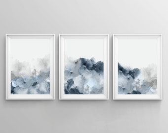 Set of 3 Blue Gray Wall Art, Printable Abstract Art, Blue Grey Watercolor Print, Blue Watercolor, Neutral Art, Simple, Modern 3 Piece Art