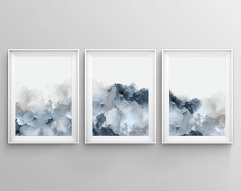 Set of 3 Blue Gray Wall Art, Printable Abstract Art, Blue Grey Watercolor Print, Blue Watercolor, Neutral Art, Simple, Modern 3 Piece Art