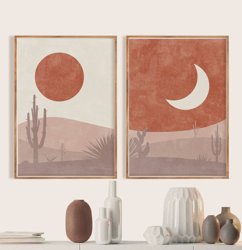 Sun Moon Boho Art, Mid Century Abstract Art Cactus Minimalist Wall Art Set of 2 Sun And Moon Wall Art Boho Wall Art Digital Modern Art Print image 1