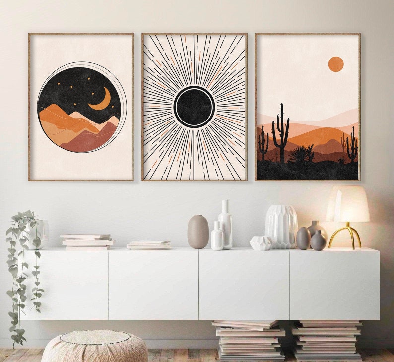 Mid Century Modern Art, Sun and Moon Print Set of 3, Scandinavian Art, Minimal Abstract Geometric art, Desert, Digital download, Boho Art 