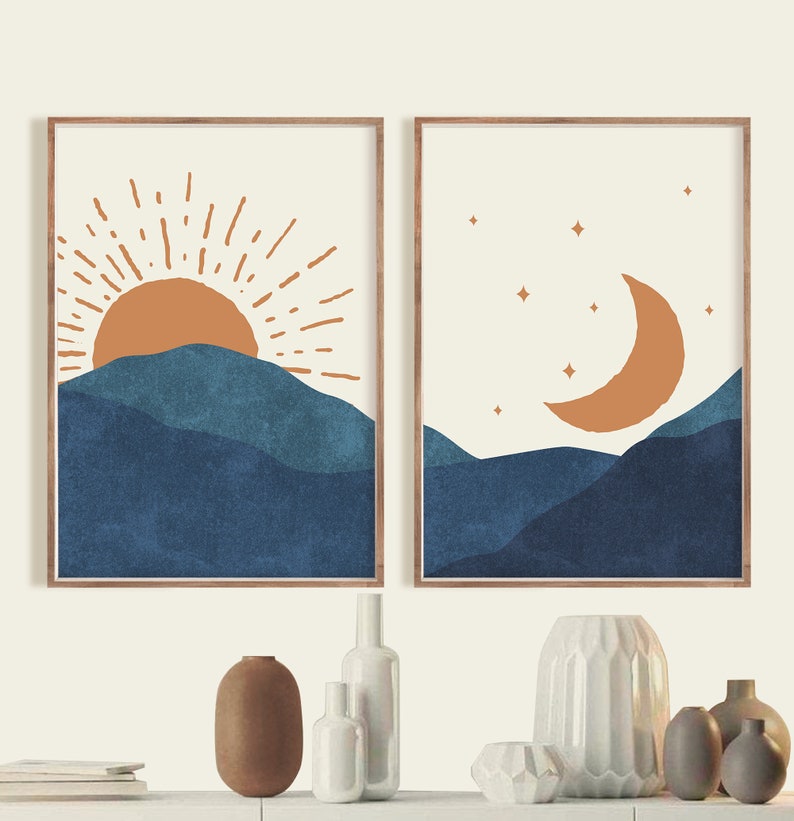 Sun and Moon Wall Art Abstract Landscape Boho Sun and Moon print set of 2 Sun and moon print Mid century modern art Boho image 1