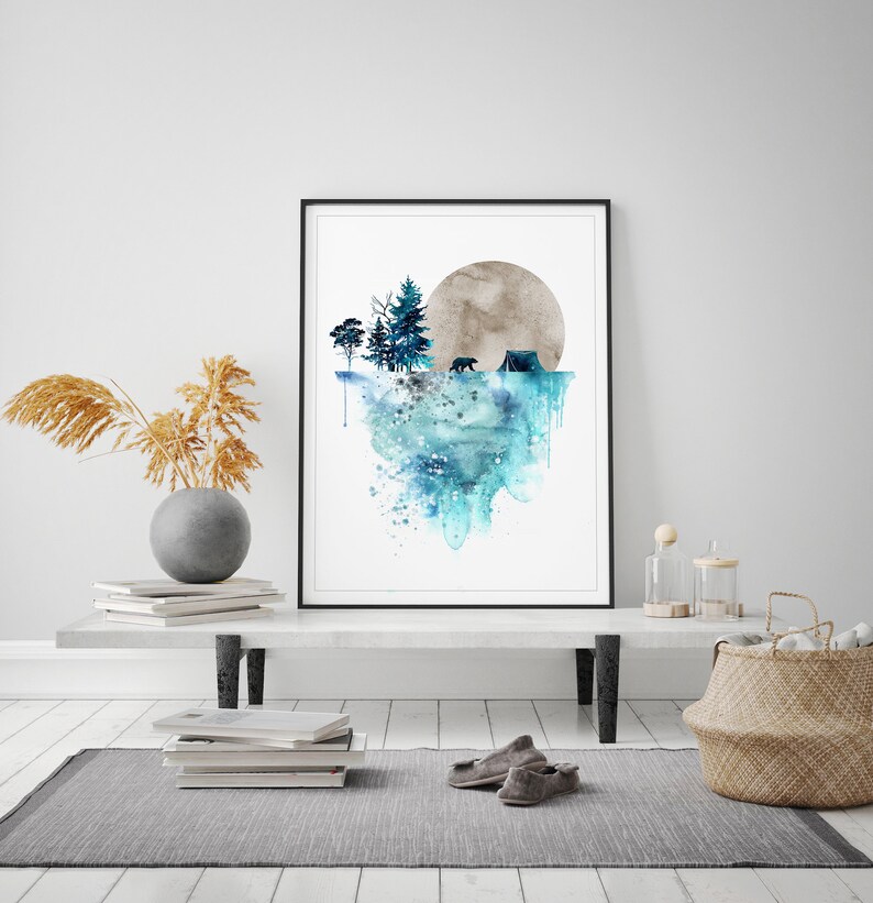 Blue bear wall art, art prints, watercolor, poster, nature print, landscape print, home wall decor, forest art, mountain print, wall art image 2