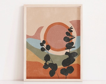 Minimalist Landscape Art Print, Abstract Sun Wall Art, Abstract Mountains Poster, Sun Landscape Art Print, Boho Art