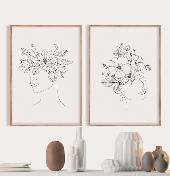 Set of 2 Woman Line Art Print, Female Line Drawing, Wall Decorfashion  Prints Romantic Prints, Beige Neutral Classy Elegant Abstract Art 
