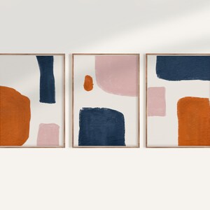 Abstract Wall Art Mid Century Modern Art Print Printable Art Minimalist Print Abstract Shapes Set of 3 Prints Burnt Orange Blue Blush Pink