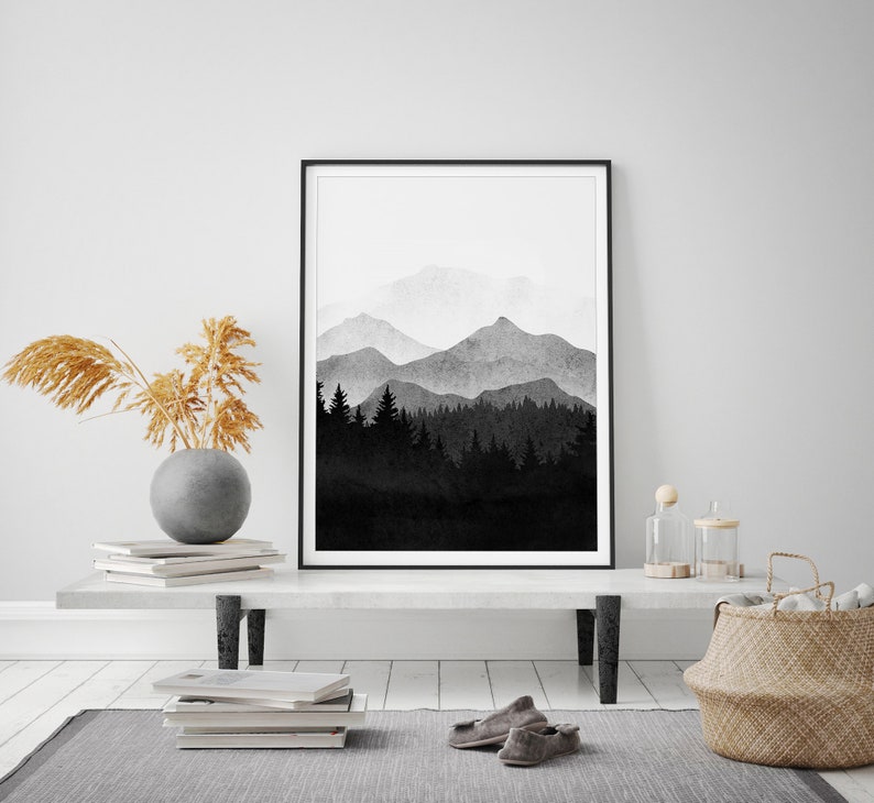 Black and White Print Watercolor Art Set 2 Piece Mountain Etsy
