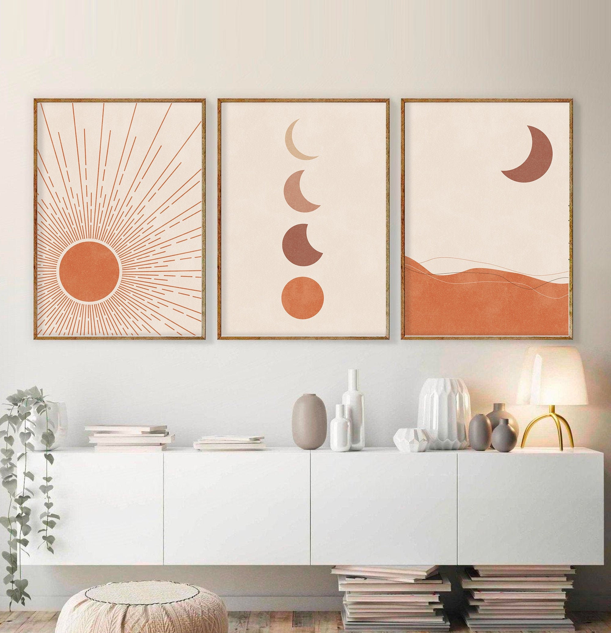 Sun and Moon Phases Art Print Boho Decor Set of 2 Terracotta Wall Art ...