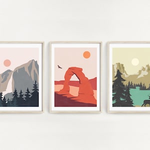 National Park Prints, Art Travel Poster Mid century modern art print set of 3, landscape art gift Poster printable wall art Yosemite Arches