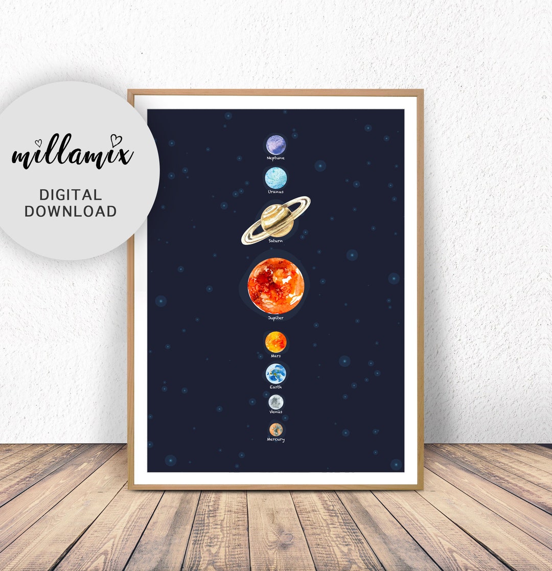 Solar System Wall Art, Black and White, Planets Printable, Space Poster