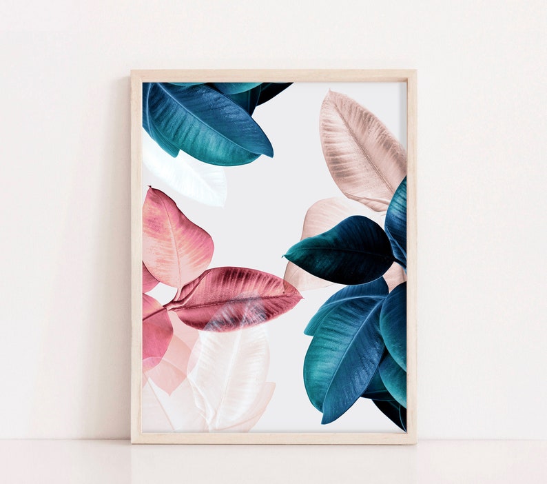 Tropical Leaf Print Ficus Elastica Plant Digital Download Leaves Wall Art Botanical print Modern Botanical Pink and Blue Wall Art