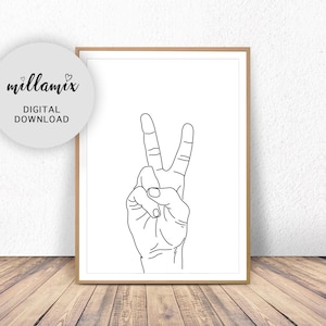 Peace Sign Printable Wall Art, Peace Fingers Hand Gesture Print, Peace Hand Line Drawing Print, Peace Sign Print