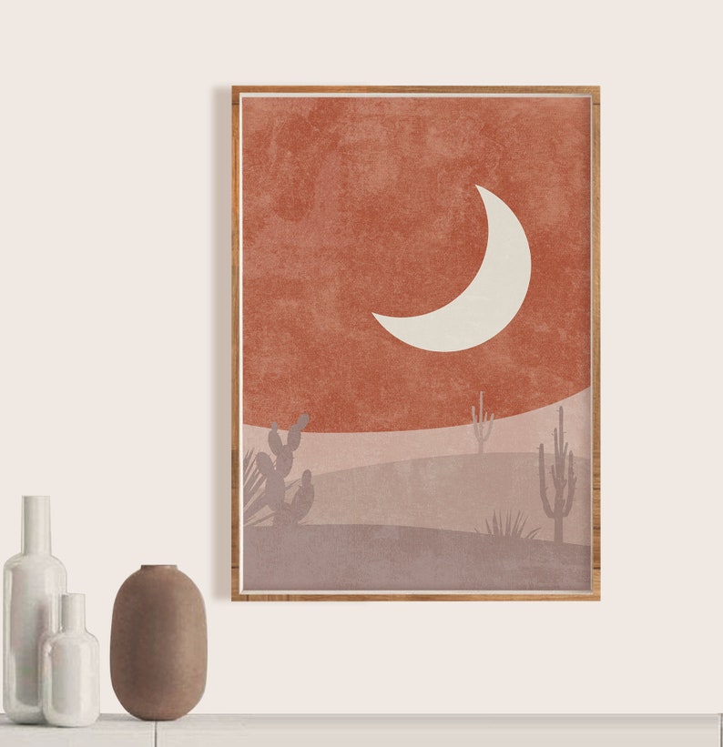 Sun Moon Boho Art, Mid Century Abstract Art Cactus Minimalist Wall Art Set of 2 Sun And Moon Wall Art Boho Wall Art Digital Modern Art Print image 3