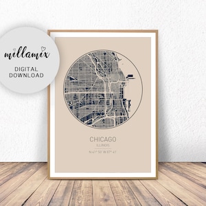 Chicago map poster print wall art / Illinois gift imprimible download / Modern map decor for office, home and nursery