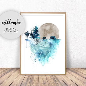 Blue bear wall art, art prints, watercolor, poster, nature print, landscape print, home wall decor, forest art, mountain print, wall art image 1