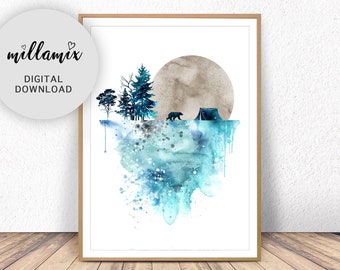 Blue bear wall art, art prints, watercolor, poster, nature print, landscape print, home wall decor, forest art, mountain print, wall art