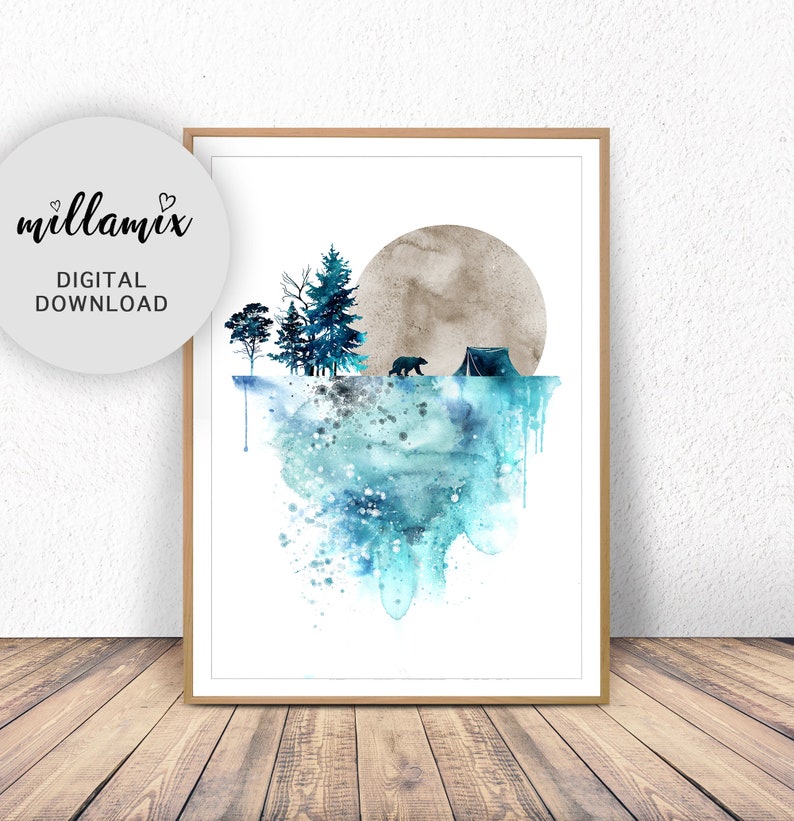 Blue bear wall art, art prints, watercolor, poster, nature print, landscape print, home wall decor, forest art, mountain print, wall art image 1