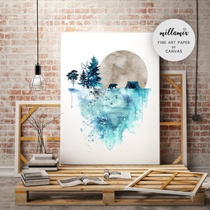 Blue bear wall art, art prints, watercolor, poster, nature print, landscape print, home wall decor, forest art, mountain print, wall art image 3