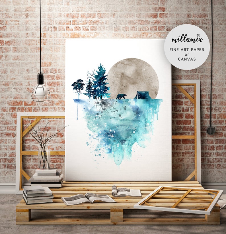 Blue bear wall art, art prints, watercolor, poster, nature print, landscape print, home wall decor, forest art, mountain print, wall art image 3