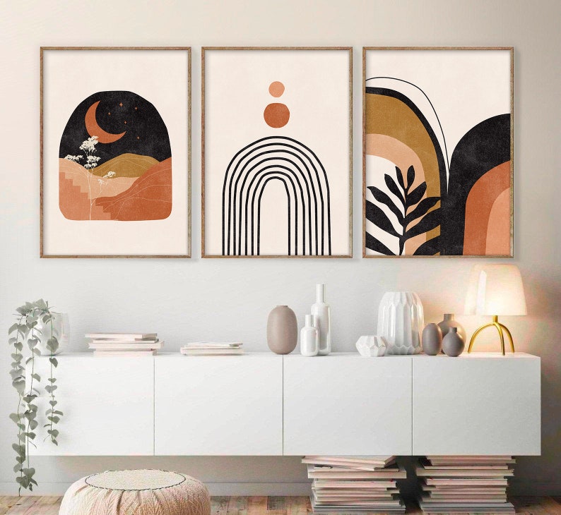 Mid Century Modern Wall Art Print Set Of 3 Neutral Abstract Etsy